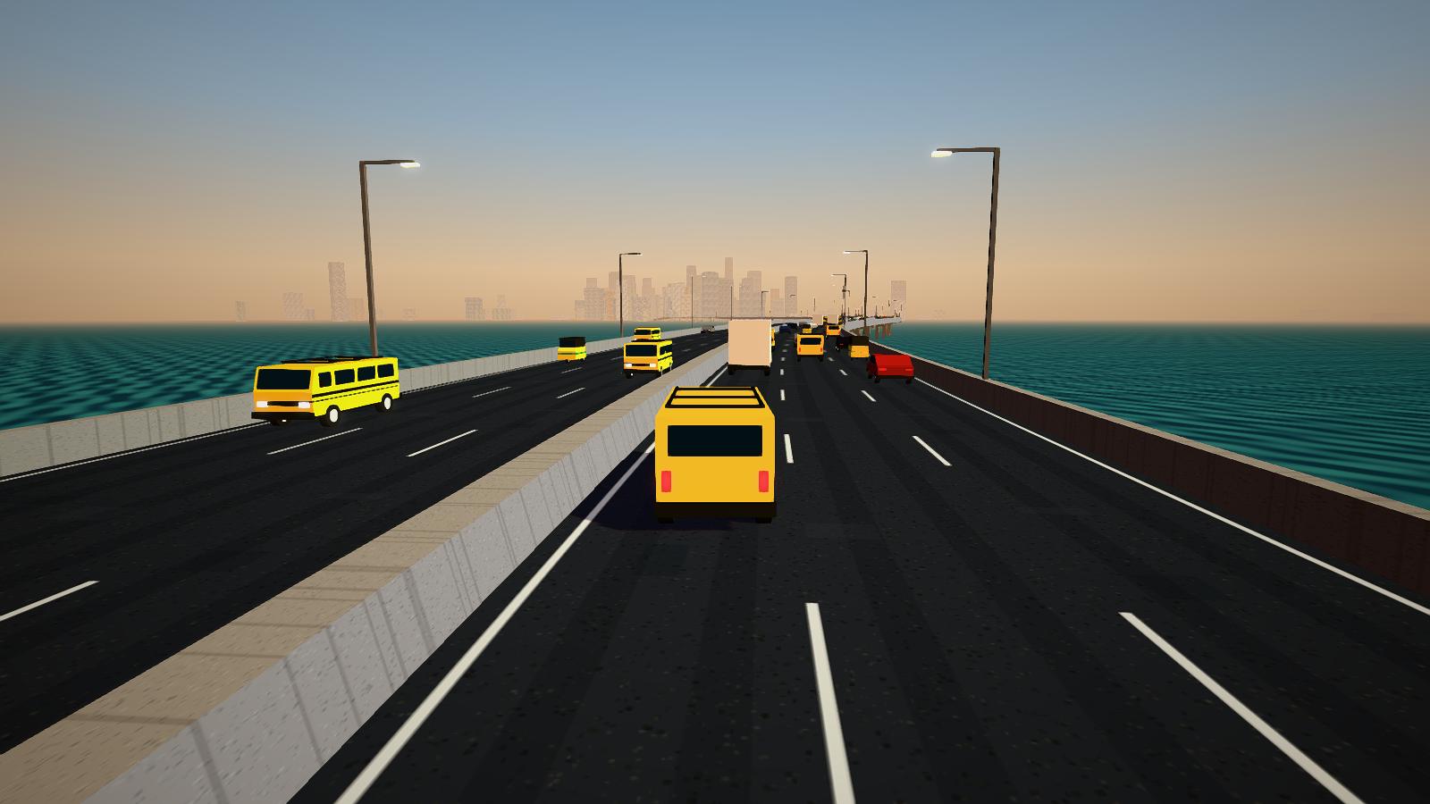 FlyGidi gameplay: a yellow danfo driving across the Third Mainland Bridge with the Lagos skyline behind